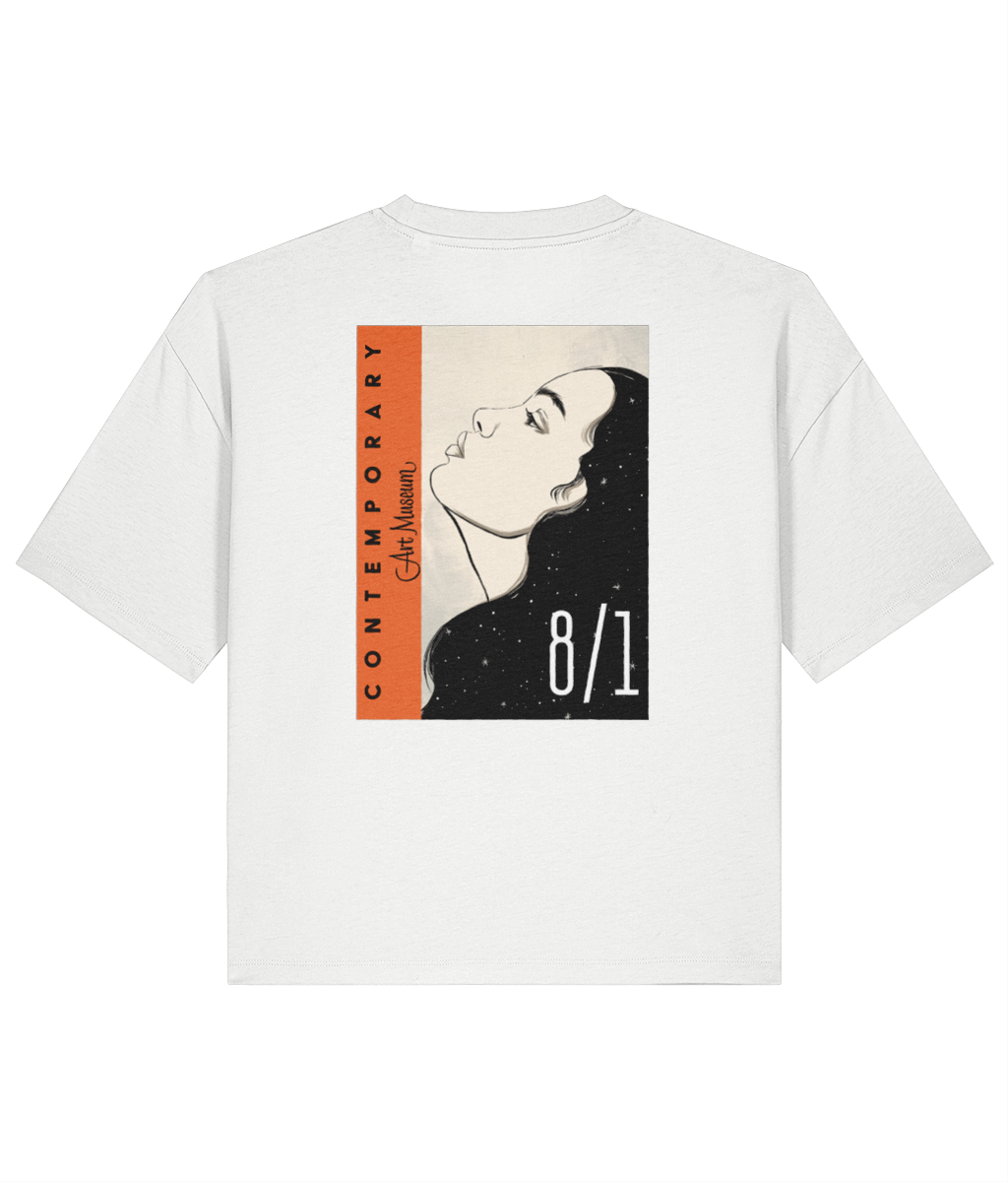 White organic cotton womens boxy fit t-shirt with a bold graphic design print on the back featuring a stylized womans portrait