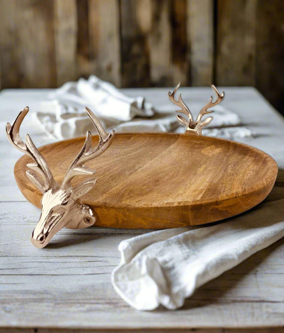 Elegant Silver Stag Head Serving Tray, Solid Wood