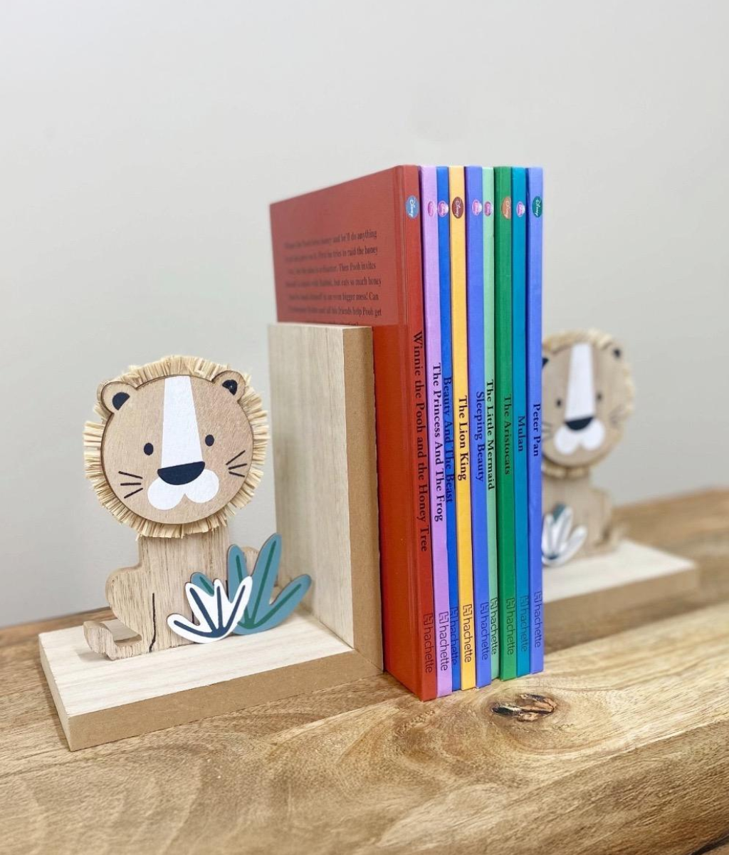 Playful Cartoon-Style Lion Bookends, Wooden, Set of 2