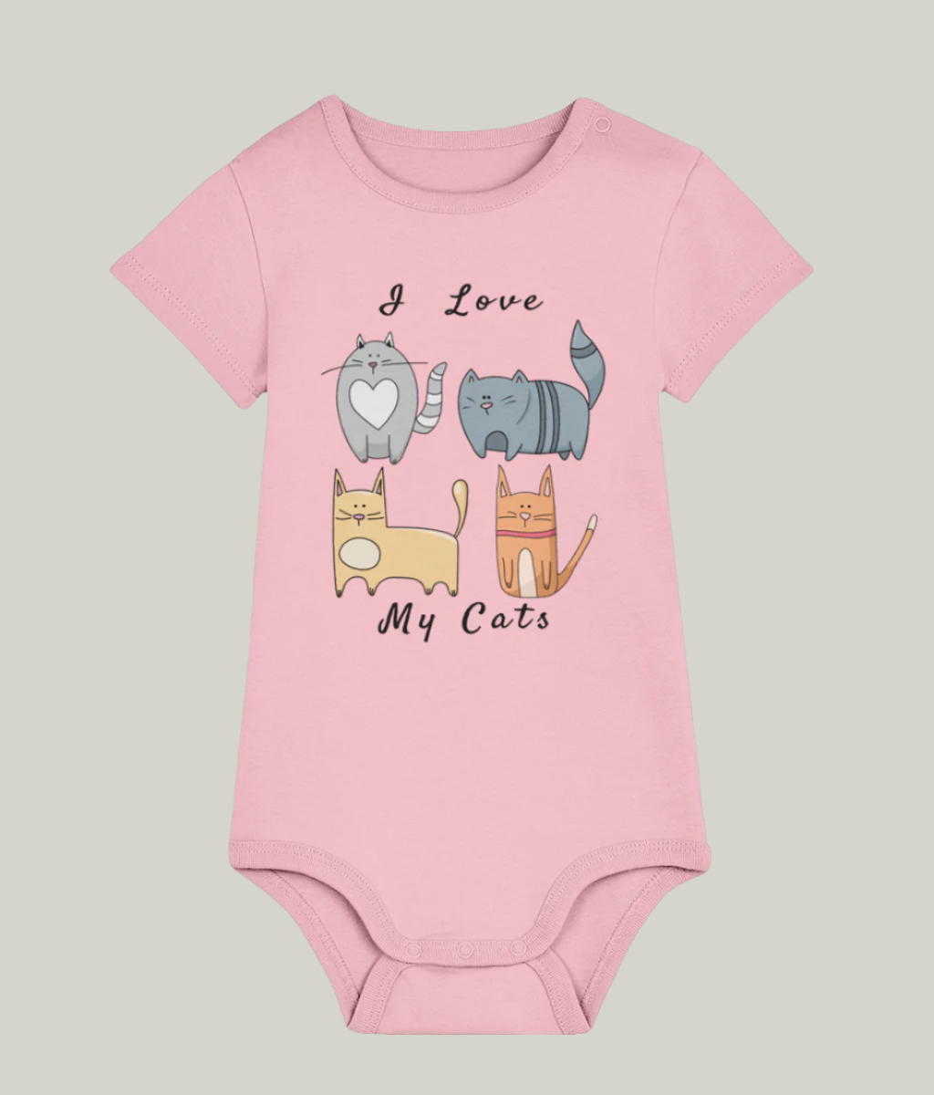 Pink organic cotton baby bodysuit with cats and kittens