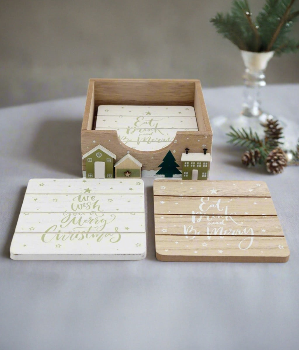 Festive Christmas Market Coasters, Wooden, Set of 4