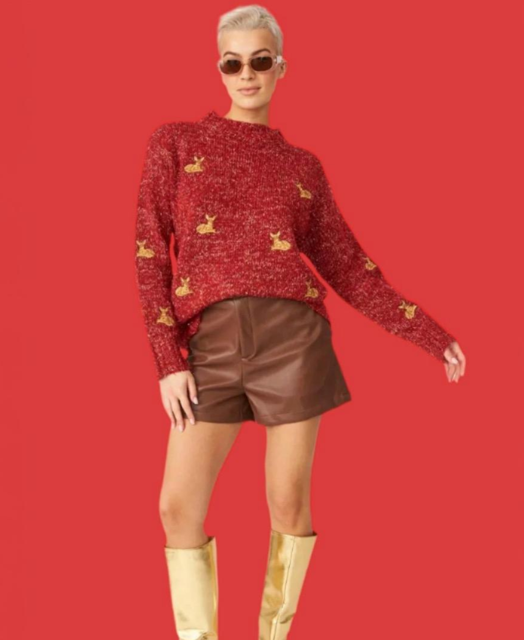 "Glitter Deer" Blended Cashmere and Banana Peel Christmas Jumper, Red