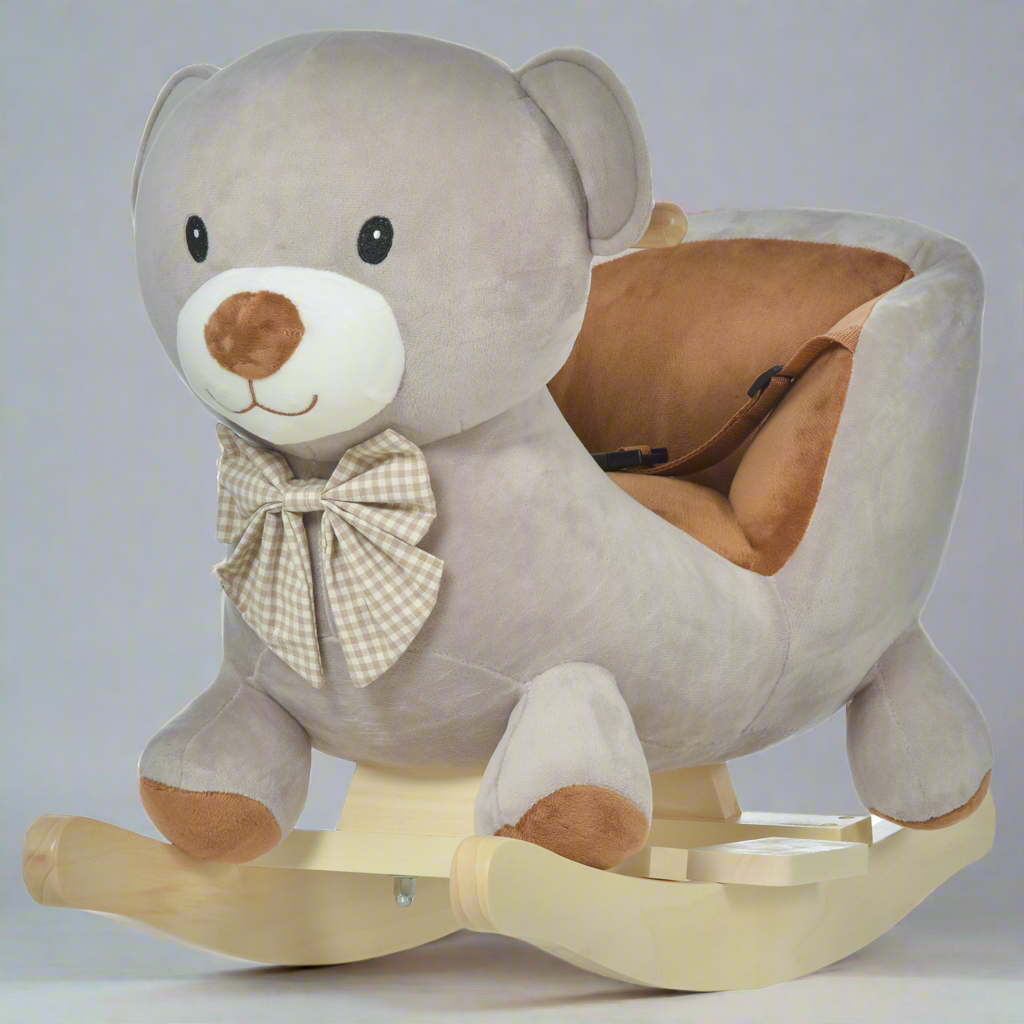 Adorable "Bear" Rocking Horse with Sound, Wooden, Grey