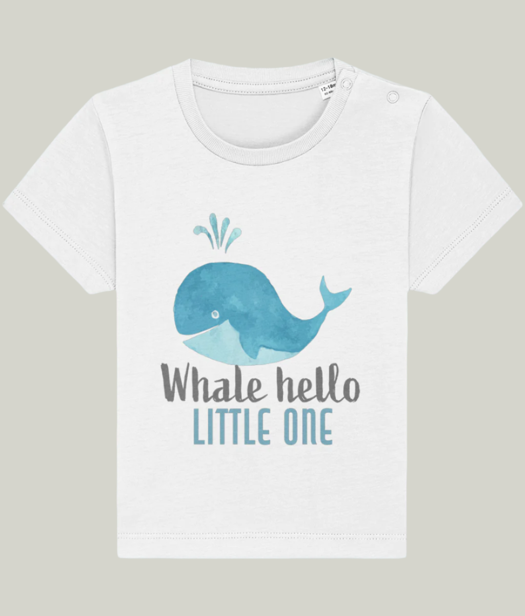 White organic cotton baby and toddler t-shirt with cute whale 