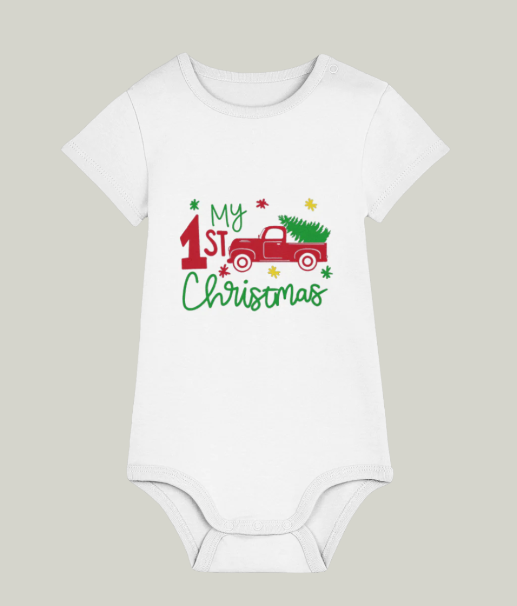 White Organic Cotton baby bodysuit. My first Christmas print