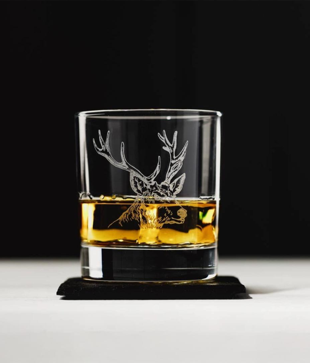 Stag Glass Tumbler with Slate Coaster Gift Set