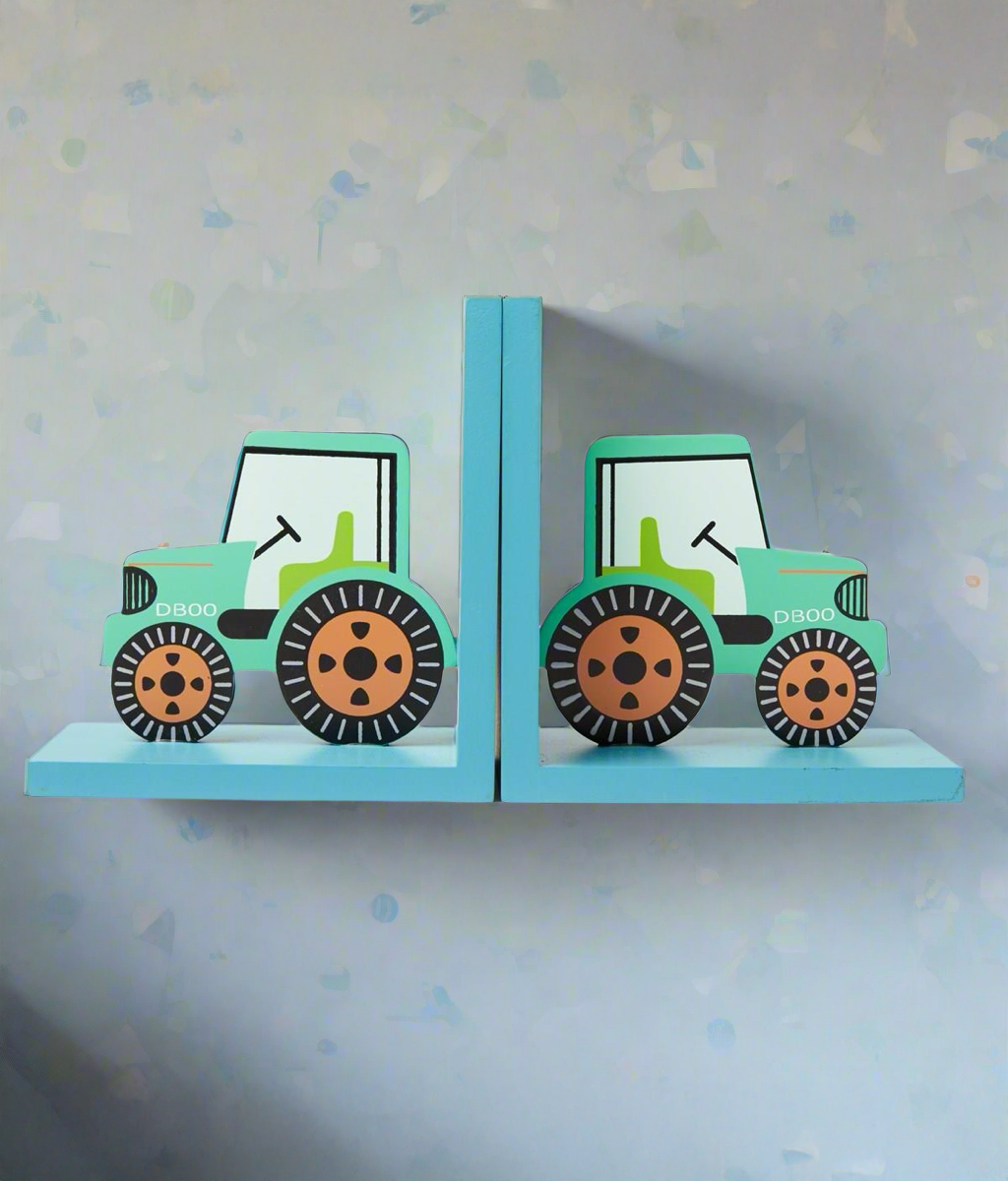 Wooden green cartoon tractor bookends 