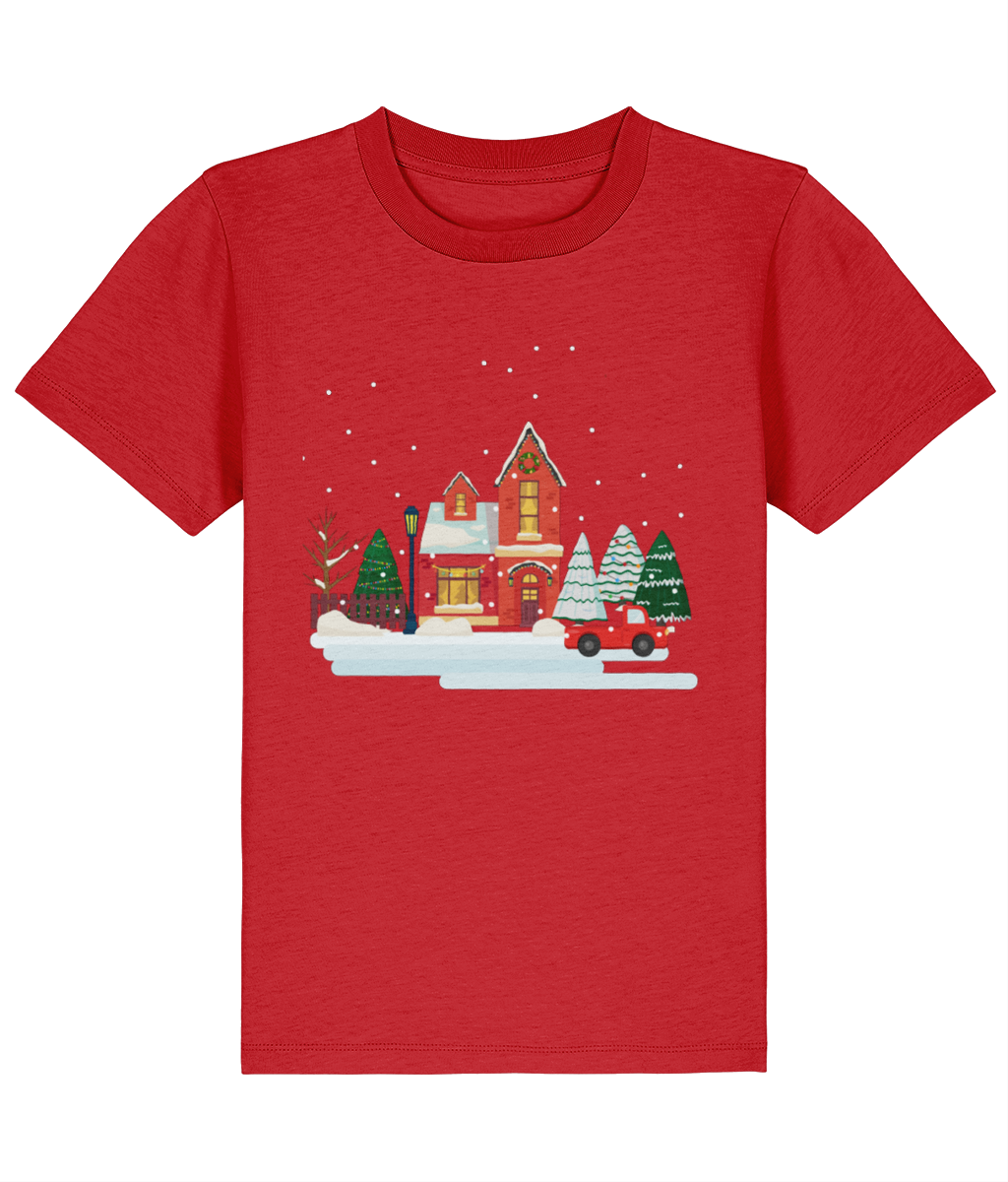 Red Organic cotton kids crewneck t-shirt with winter print