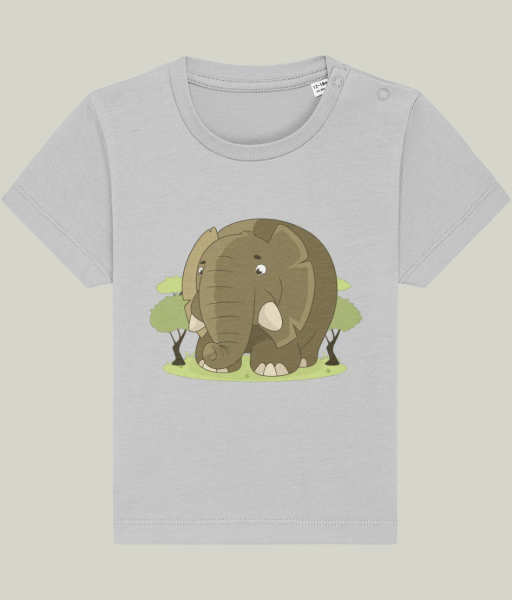 Grey baby and toddler organic cotton t-shirt with jungle elephant print