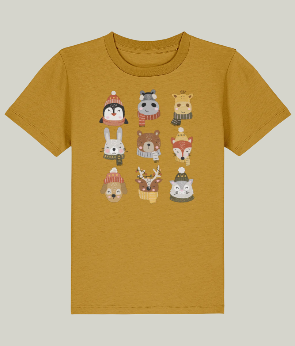 mustard yellow organic cotton kid's t-shirt, with winter animal friend print