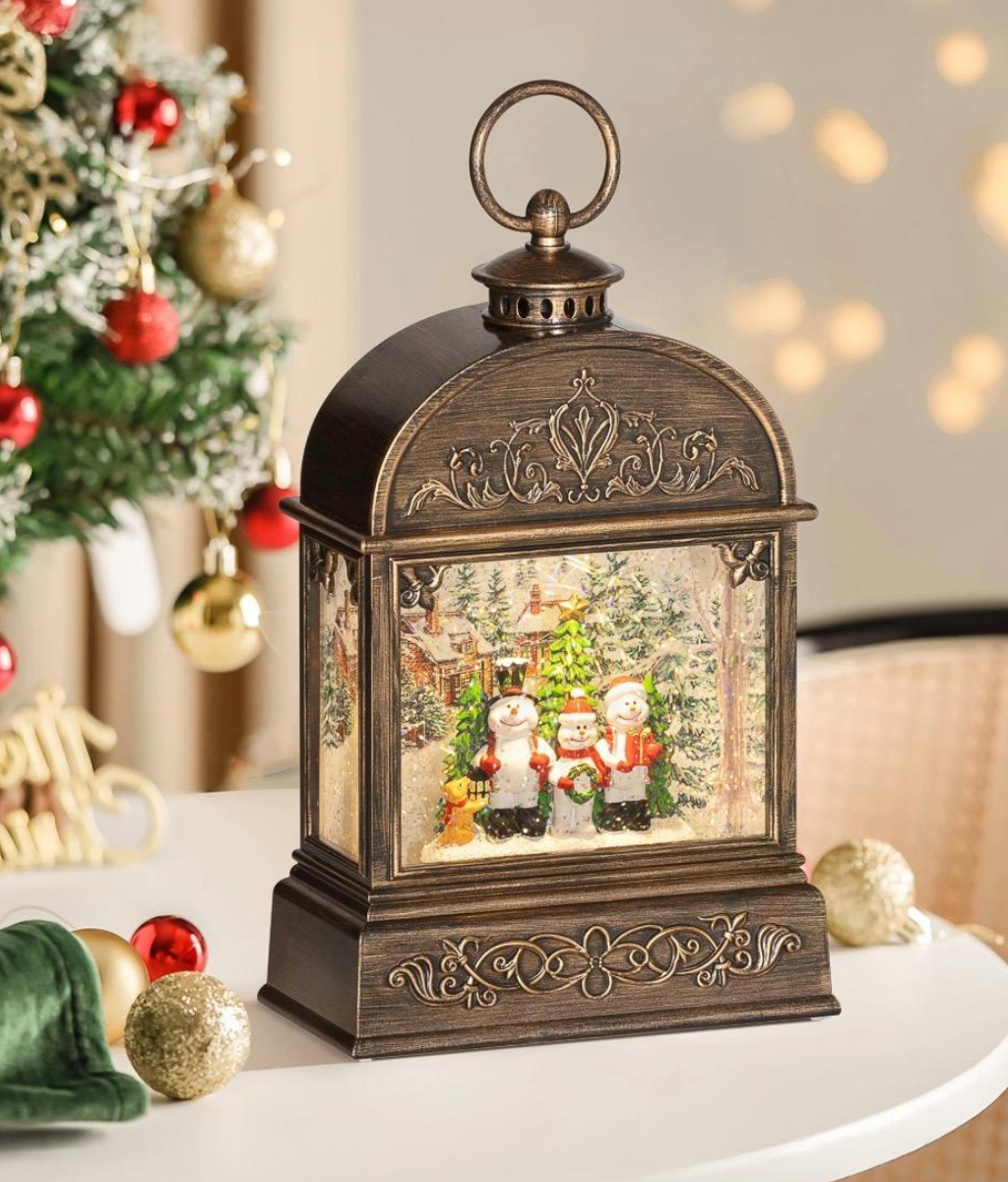 Christmas Snow Globe Lantern with Lights and Music, Bronze