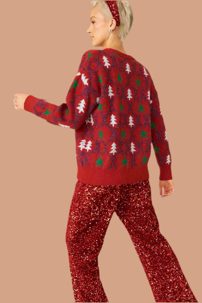 Stylish "Christmas Tree" Blended Cashmere and Banana Peel Jumper, Red