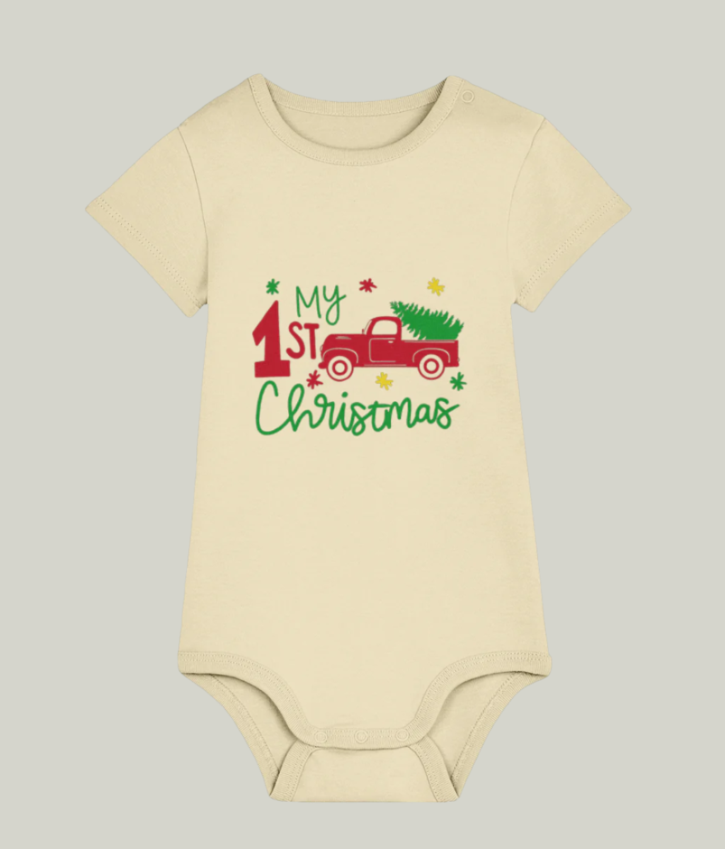 Neutral yellow organic cotton baby bodysuit, My first Christmas