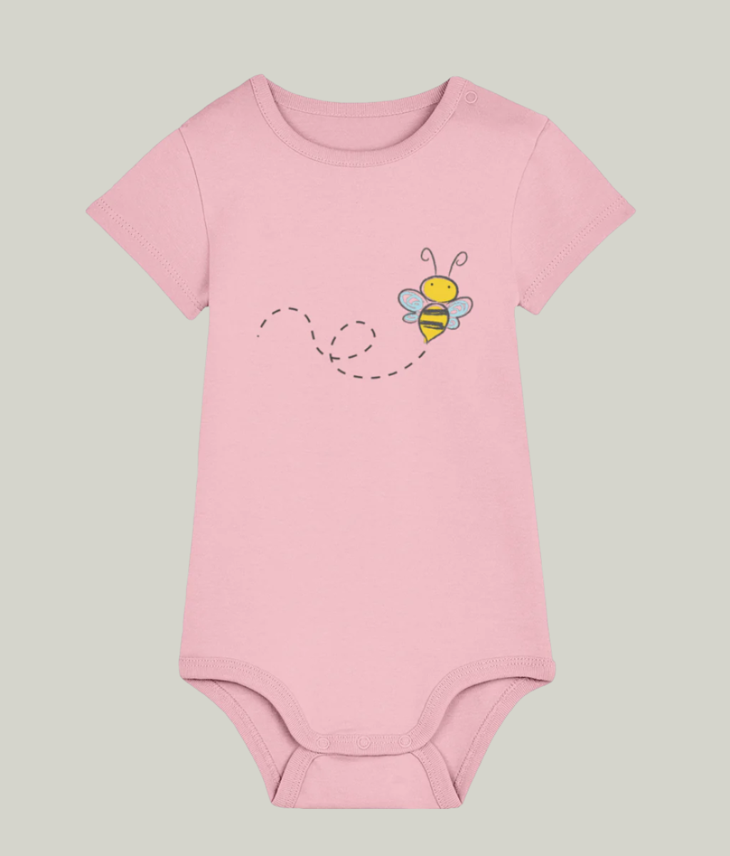 pink organic cotton baby bodysuit with bee