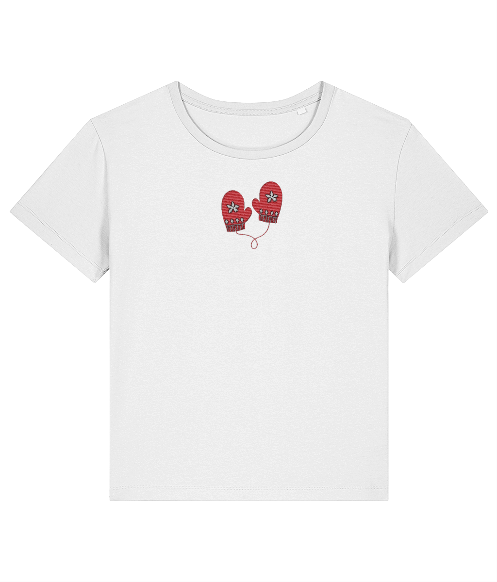 See-Soo Embroidered White Organic Cotton T-shirt, winter mittens