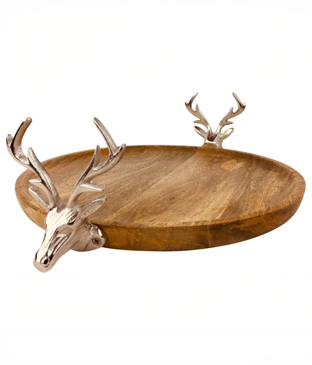 Elegant Silver Stag Head Serving Tray, Solid Wood