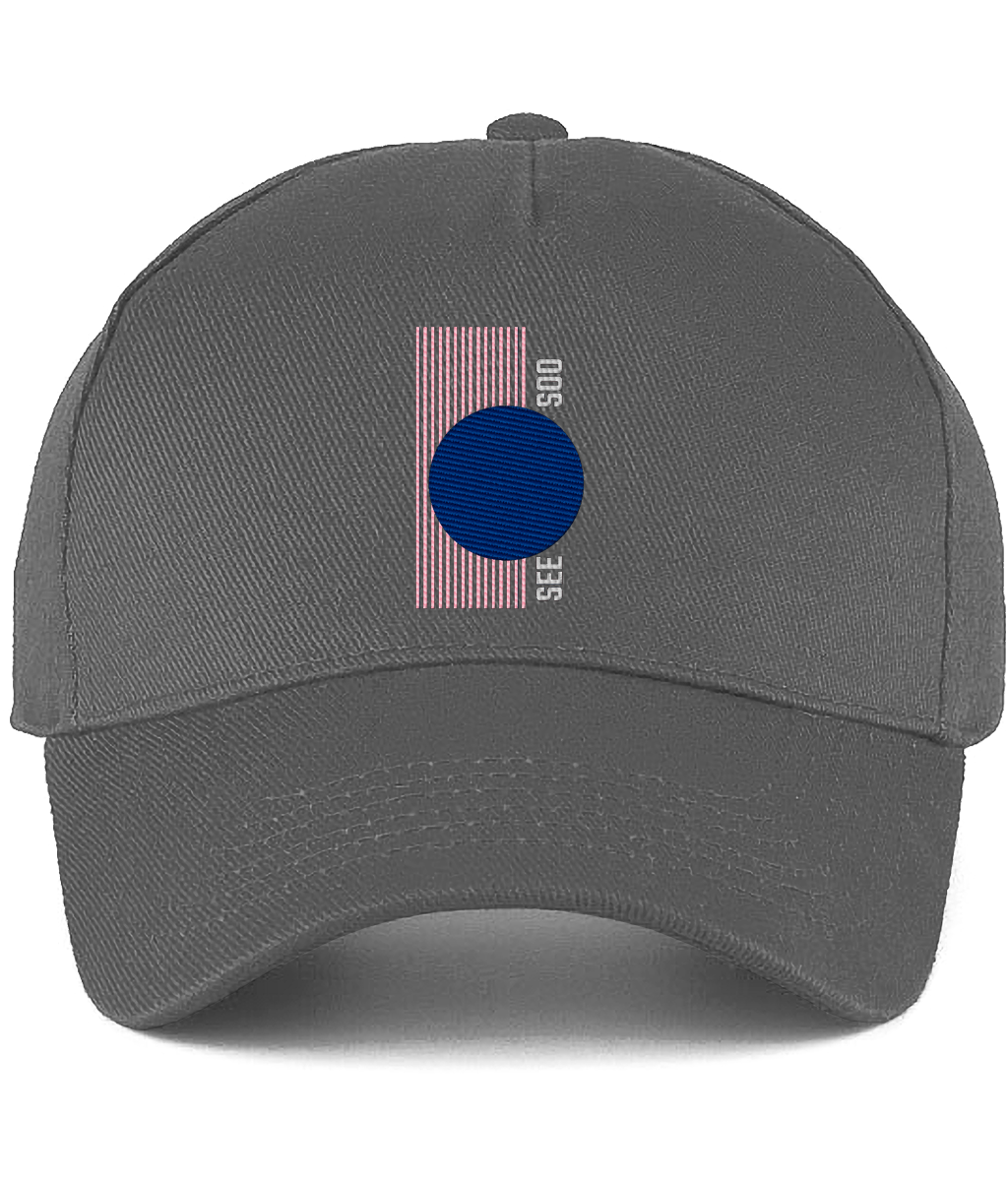 Gray cotton curved-peak cap with a blue circle and pink striped design 