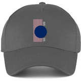 Gray cotton curved-peak cap with a blue circle and pink striped design 