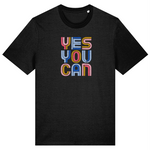 Organic cotton womens black crew-neck t-shirt with 'YES YOU CAN' in colorful embroidery on the front