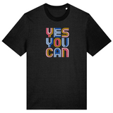 Organic cotton womens black crew-neck t-shirt with 'YES YOU CAN' in colorful embroidery on the front