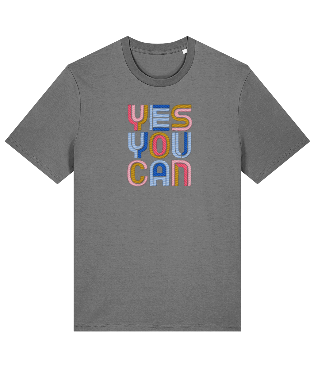 Gray  organic cotton womens classic fit t-shirt with 'YES YOU CAN' embroidered text in colorful letters on the front