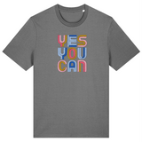 Gray  organic cotton womens classic fit t-shirt with 'YES YOU CAN' embroidered text in colorful letters on the front