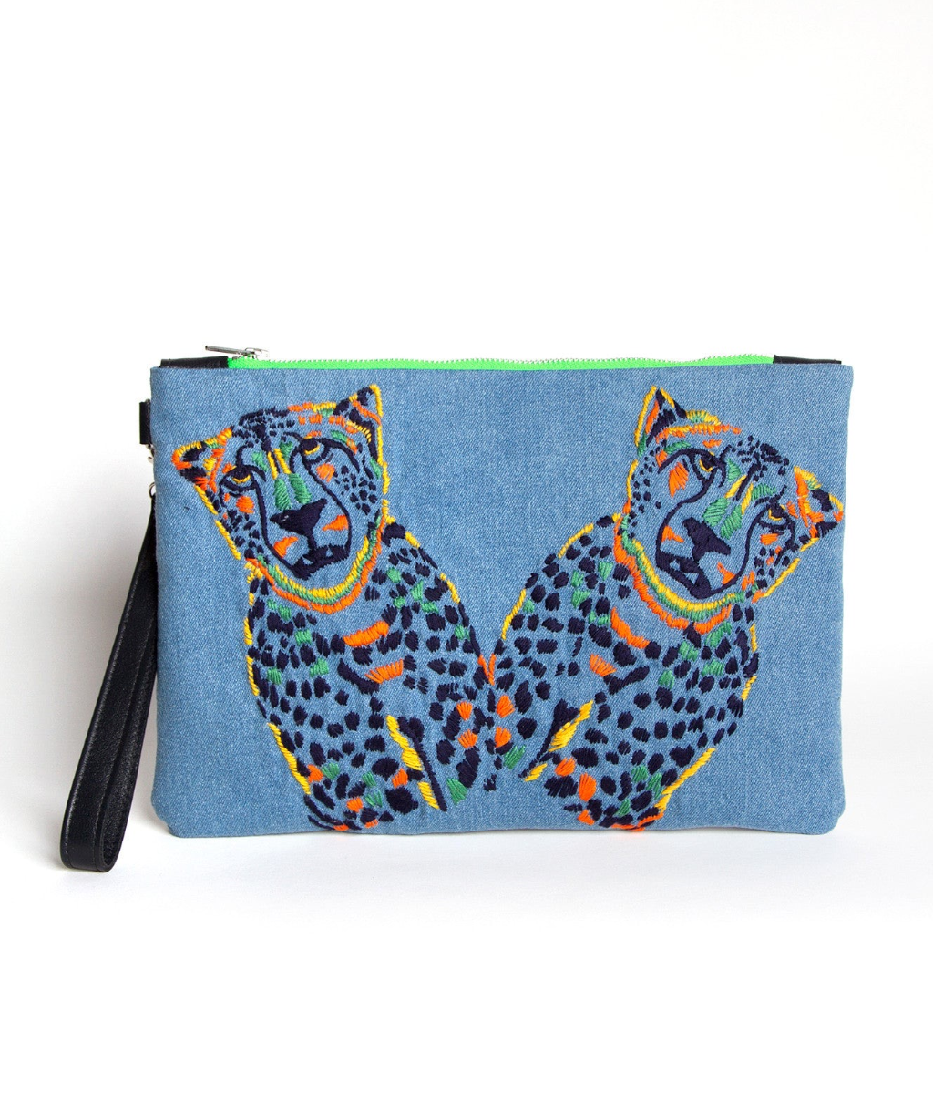 Wild Cat Clutch Bag, Upcycled Denim & Leather