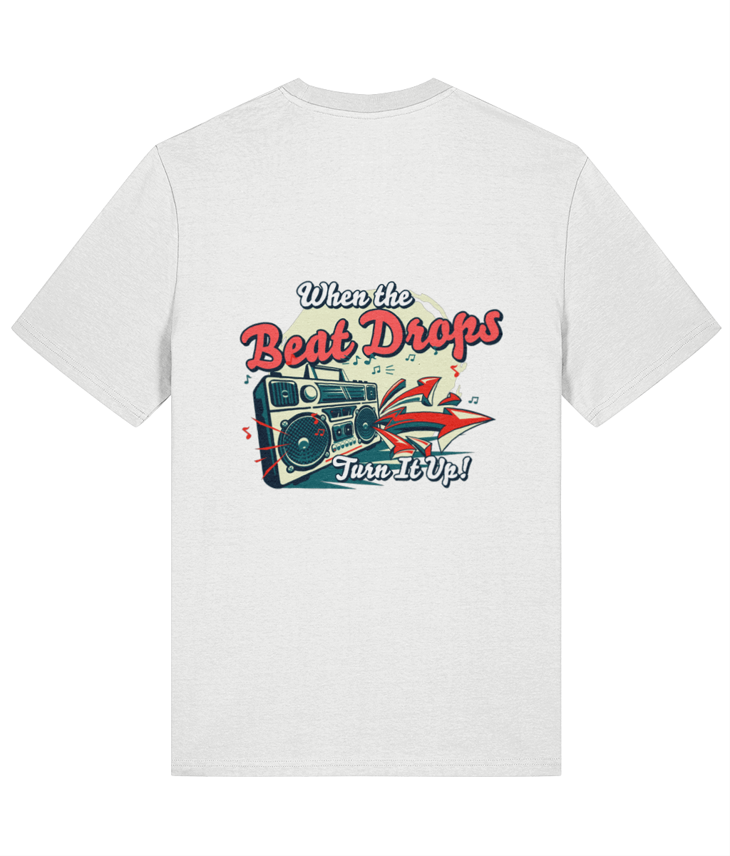 White mens organic cotton crew neck t-shirt with a graphic design of a boombox and text on the back