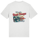 White mens organic cotton crew neck t-shirt with a graphic design of a boombox and text on the back