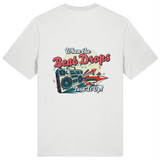 White mens organic cotton crew neck t-shirt with a graphic design of a boombox and text on the back