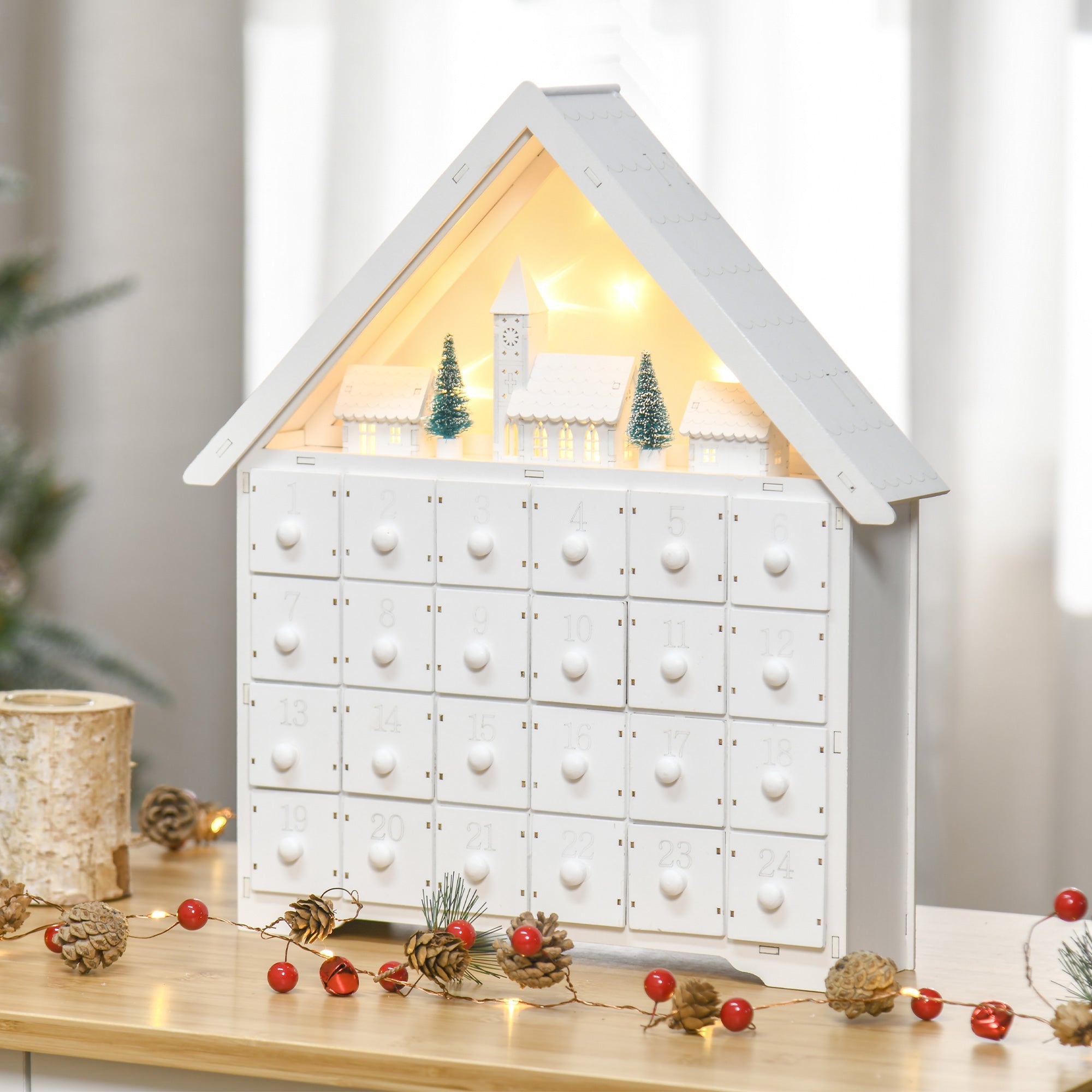 Christmas Advent Calendar, Light Up Table Xmas Wooden House Holiday Decoration with Countdown Drawer, Village, for kids Adults, White-1