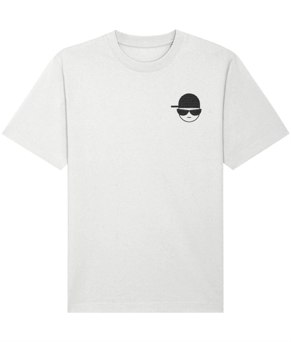 Mens White relaxed fit crew neck t-shirt with a black embroidered logo made from 100% organic cotton