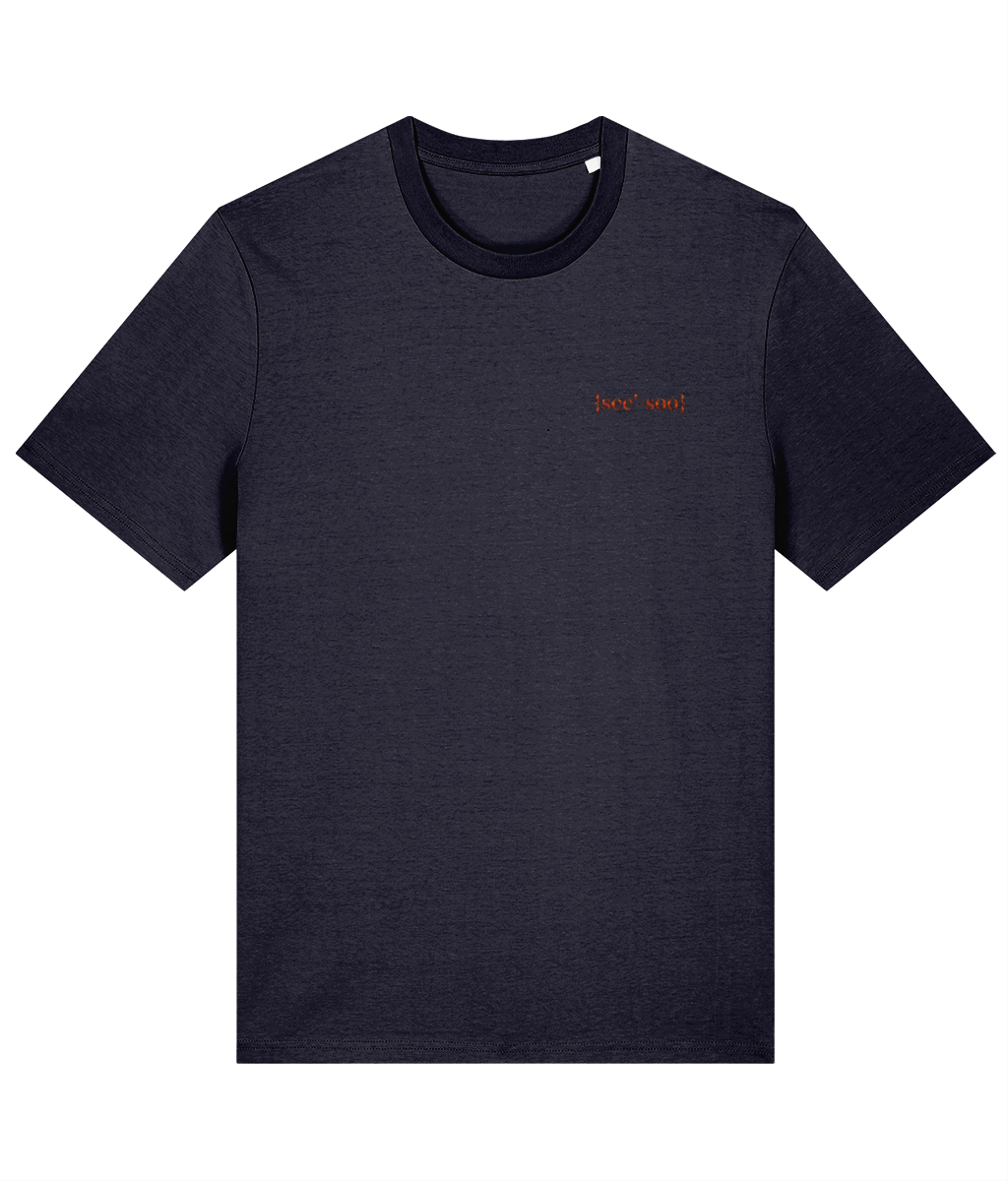 Navy blue organic cotton crew neck t-shirt with a small embroidered red signature logo, front