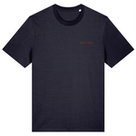 Navy blue organic cotton crew neck t-shirt with a small embroidered red signature logo, front