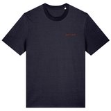 Navy blue organic cotton crew neck t-shirt with a small embroidered red signature logo, front