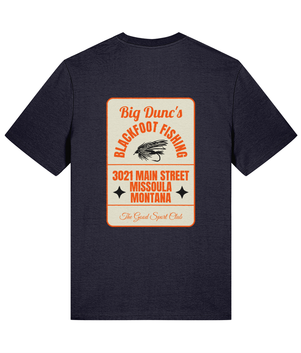 Navy organic cotton t-shirt with vintage-style graphic and text on the back
