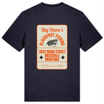 Navy organic cotton t-shirt with vintage-style graphic and text on the back