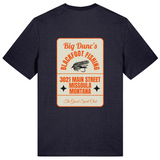 Navy organic cotton t-shirt with vintage-style graphic and text on the back
