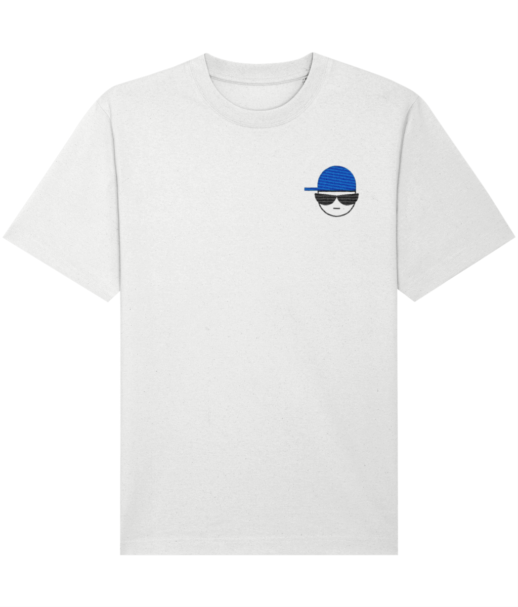 White organic cotton mens t-shirt  in a relaxed fit with a small embroidered graphic of a face wearing a blue hat and sunglasses