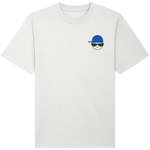 White organic cotton mens t-shirt  in a relaxed fit with a small embroidered graphic of a face wearing a blue hat and sunglasses
