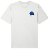 White organic cotton mens t-shirt  in a relaxed fit with a small embroidered graphic of a face wearing a blue hat and sunglasses