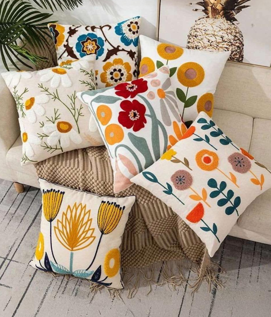 Flower Embroidery Throw Pillow Cover-0