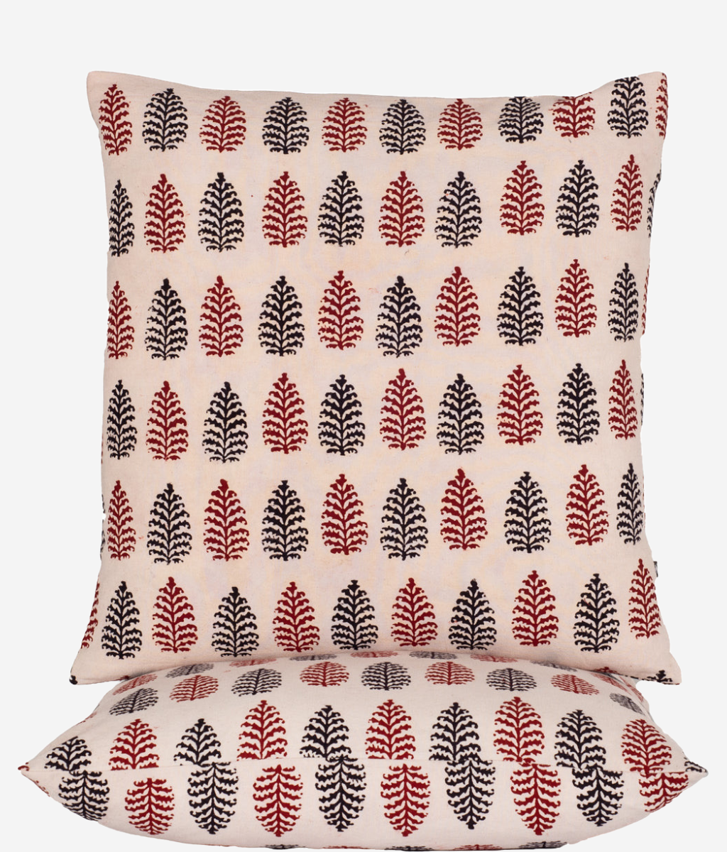 Scandinavian Pine Design Cotton Cushion Cover, Red & Black