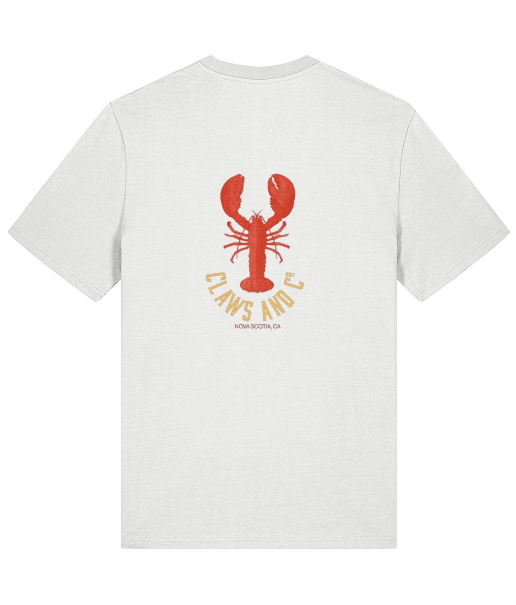 White mens organic cotton crew neck t-shirt with red lobster graphic and text back