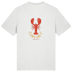 White mens organic cotton crew neck t-shirt with red lobster graphic and text back