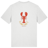 White mens organic cotton crew neck t-shirt with red lobster graphic and text back