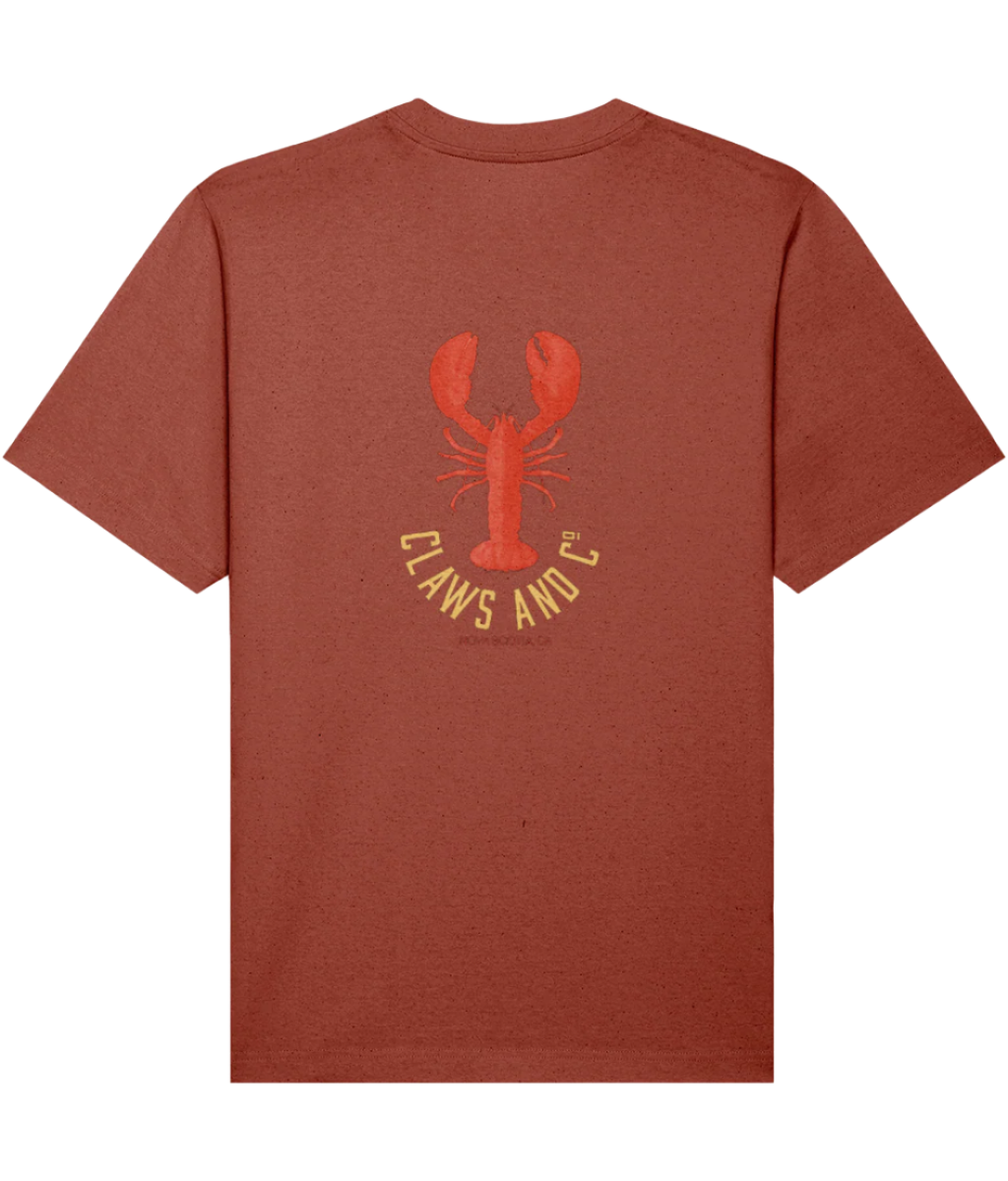 Red Rust mens organic cotton oversized t-shirt with a lobster graphic and text on the back inspired by Nova Scotia lobster culture