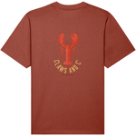 Red Rust mens organic cotton oversized t-shirt with a lobster graphic and text on the back inspired by Nova Scotia lobster culture