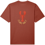 Red Rust mens organic cotton oversized t-shirt with a lobster graphic and text on the back inspired by Nova Scotia lobster culture