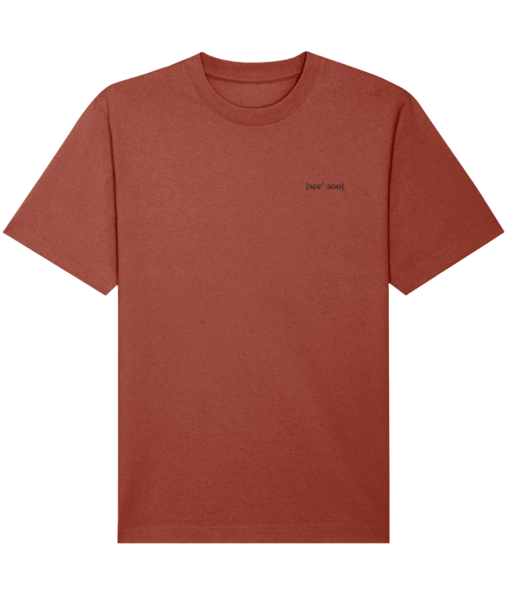 Brown rust oversized organic cotton mens crew neck t-shirt with a small embroidered signature logo on the left chest